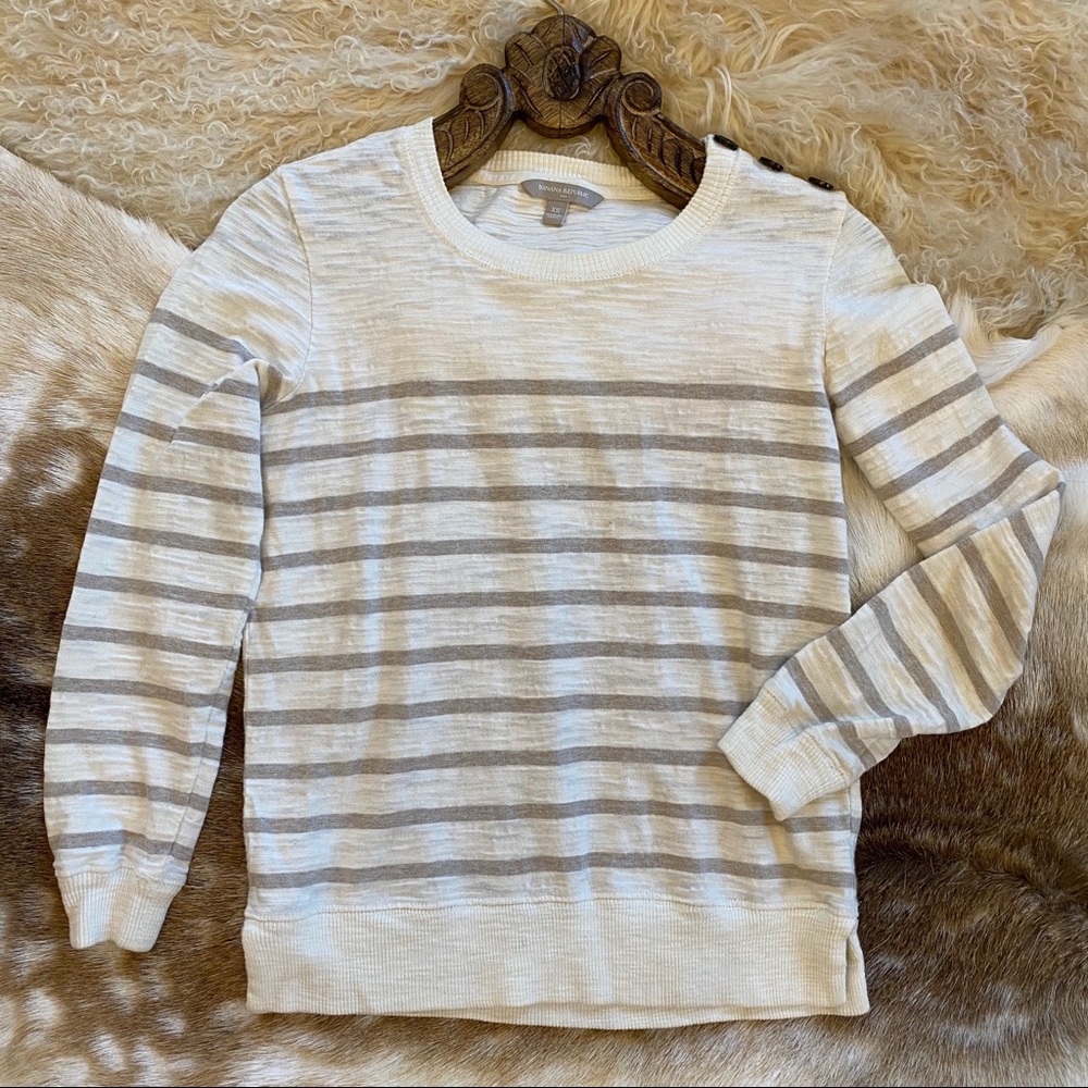 BANANA REPUBLIC Gray Striped Cotton Boat Sweater